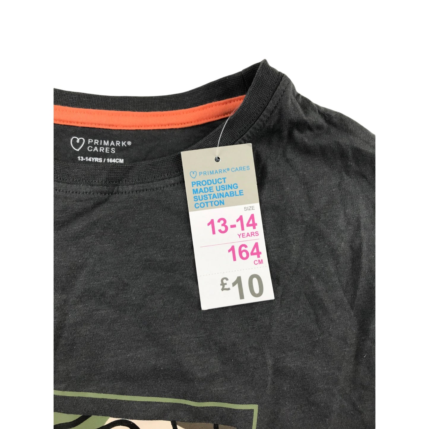 Primark t-shirt 13-14 years dark grey limitless print text long sleeve cotton