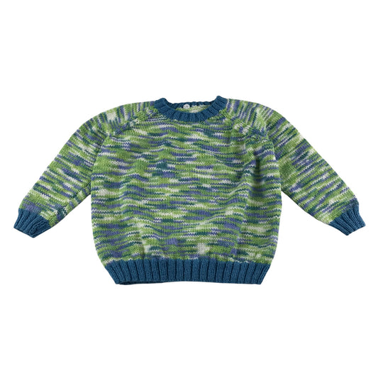 Handknitted jumper 5-6 years Blue green pattern crew neck