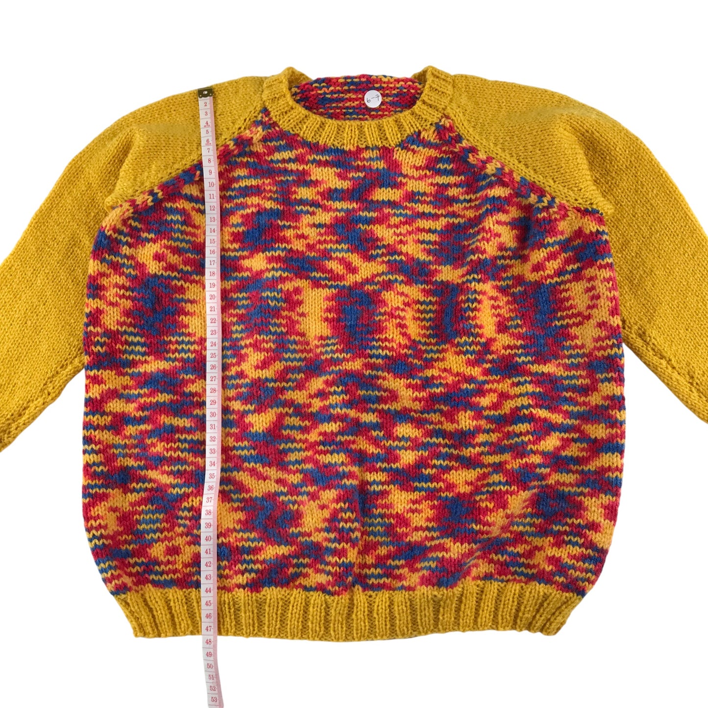 Handknitted jumper 6-7 years yellow and multicolour long sleeve crew neck