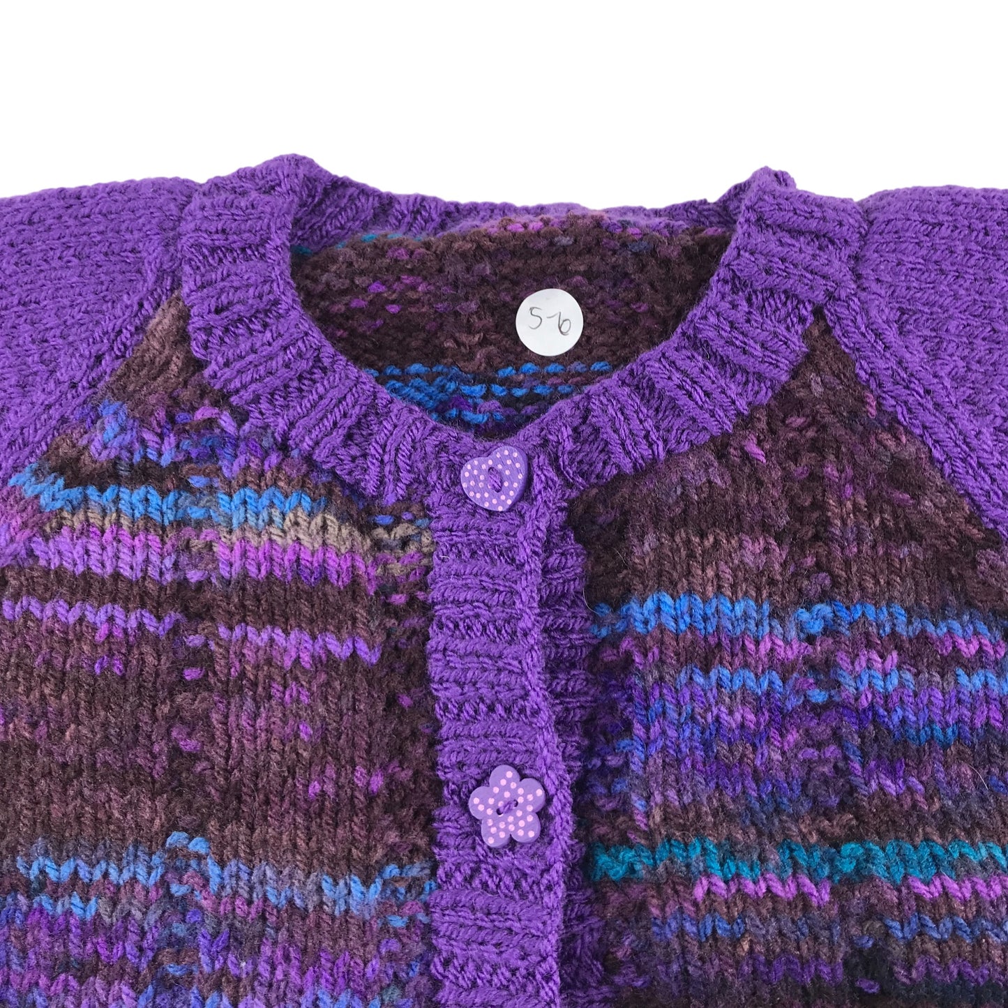 Handknitted cardigan 5-6 years purple and blue knit pattern