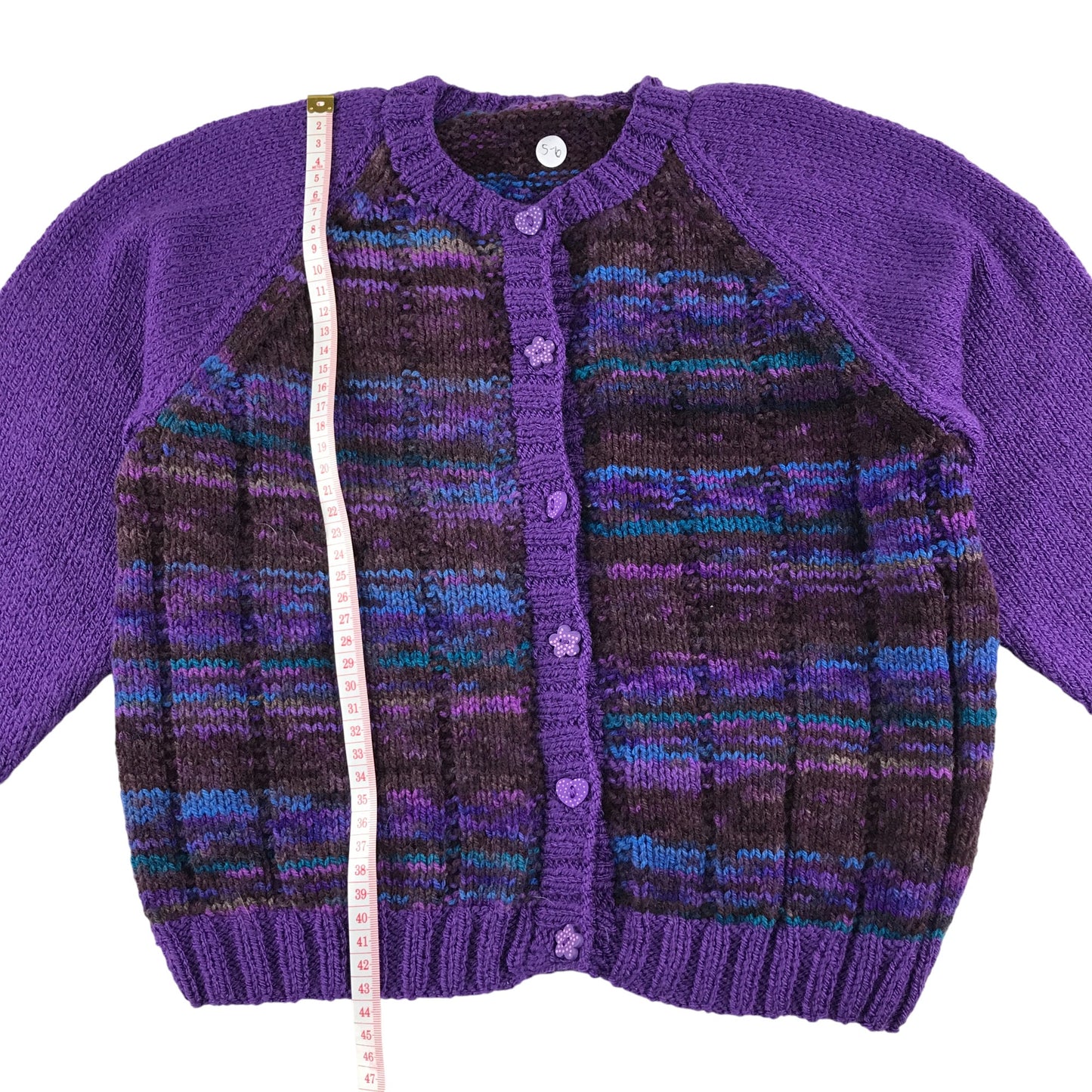 Handknitted cardigan 5-6 years purple and blue knit pattern