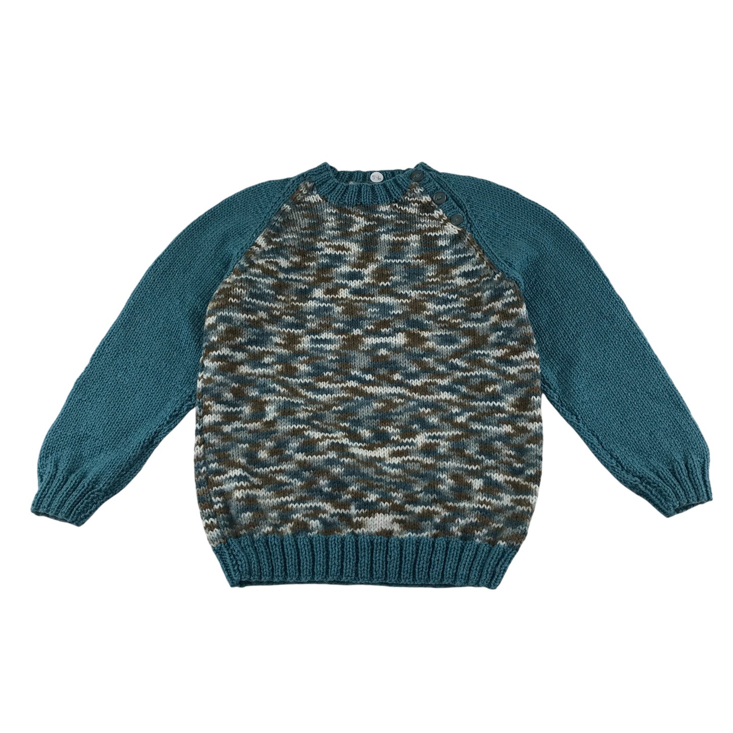 Handknitted jumper 5-6 years teal white and brown pattern