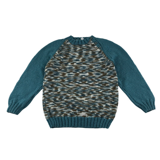Handknitted jumper 5-6 years teal white and brown pattern