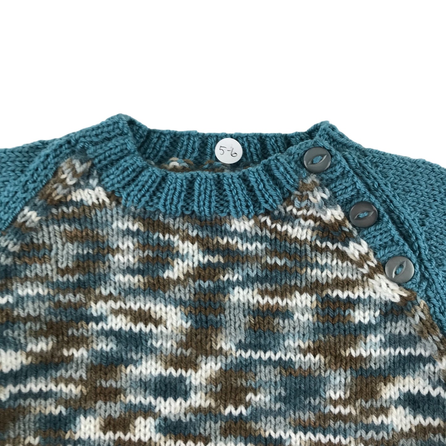Handknitted jumper 5-6 years teal white and brown pattern