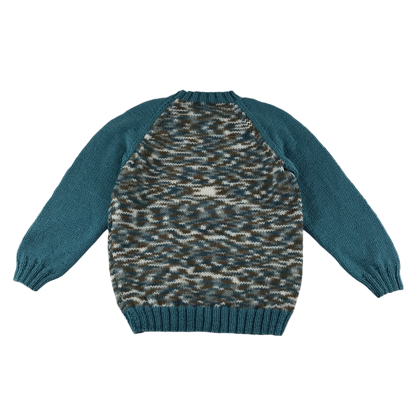 Handknitted jumper 5-6 years teal white and brown pattern