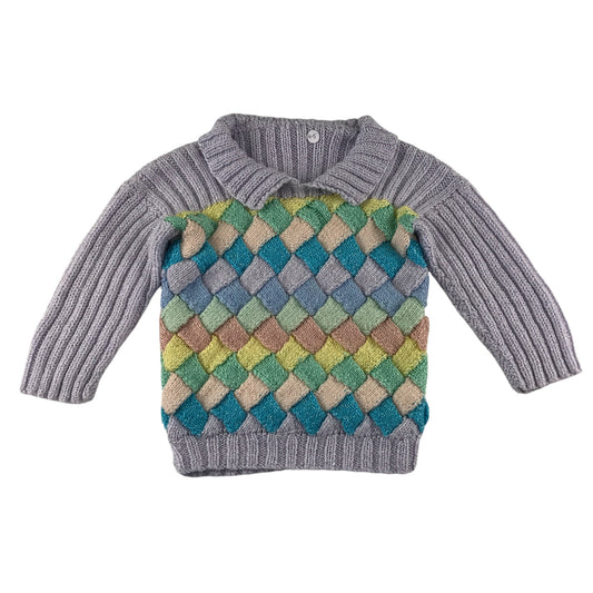 Handknitted jumper 4-5 years lilac and multicolour diamond pattern