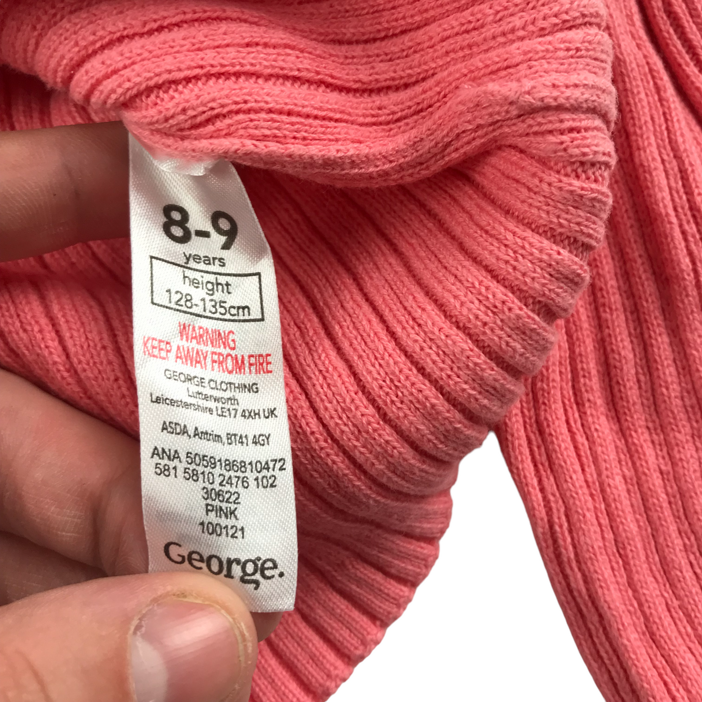 George Knitted Cotton Turtleneck Age 8 Coral Pink Stripy Texture Long Sleeve