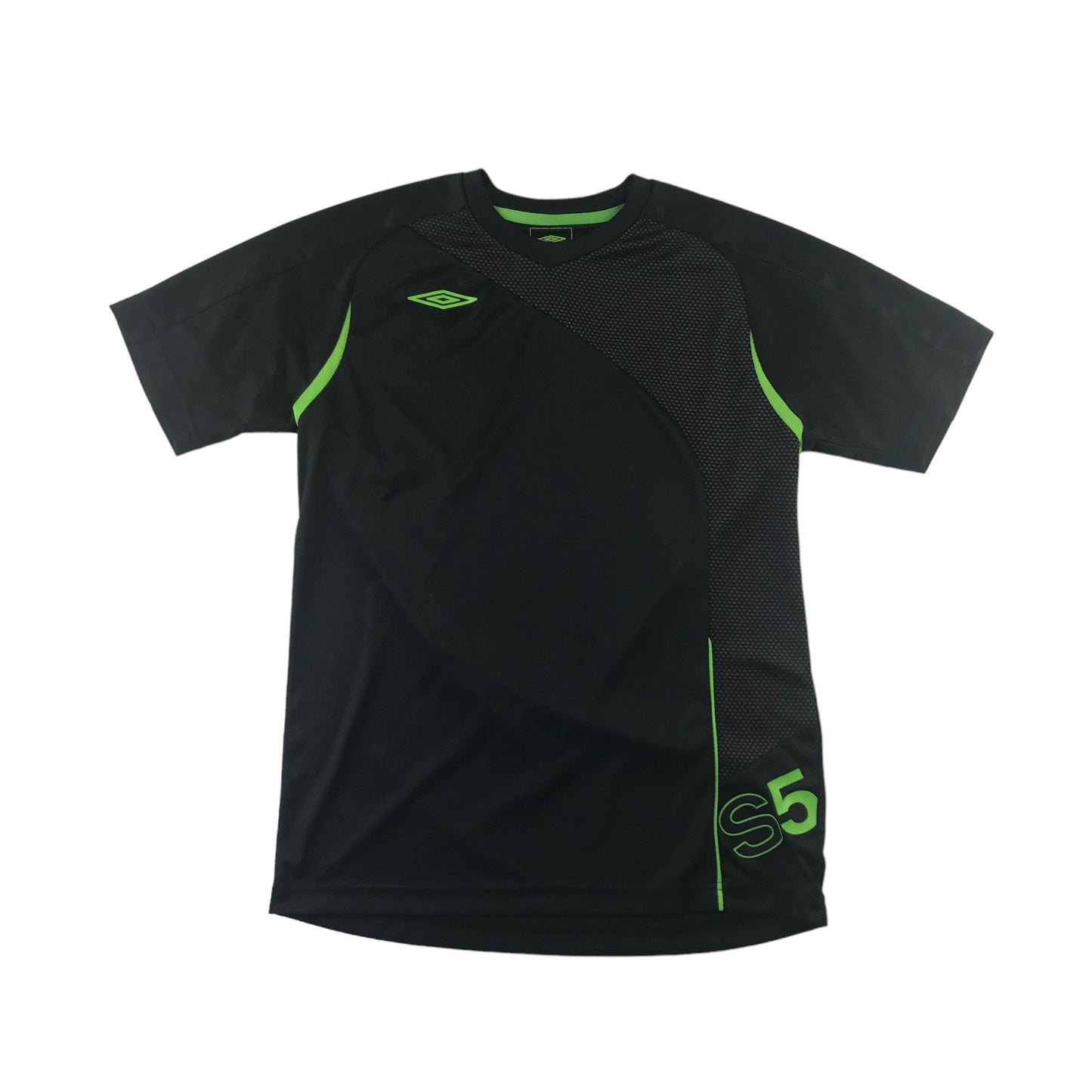 Umbro S5 Sports Top Age 13 Black Plain with Logo and Neon Green Details