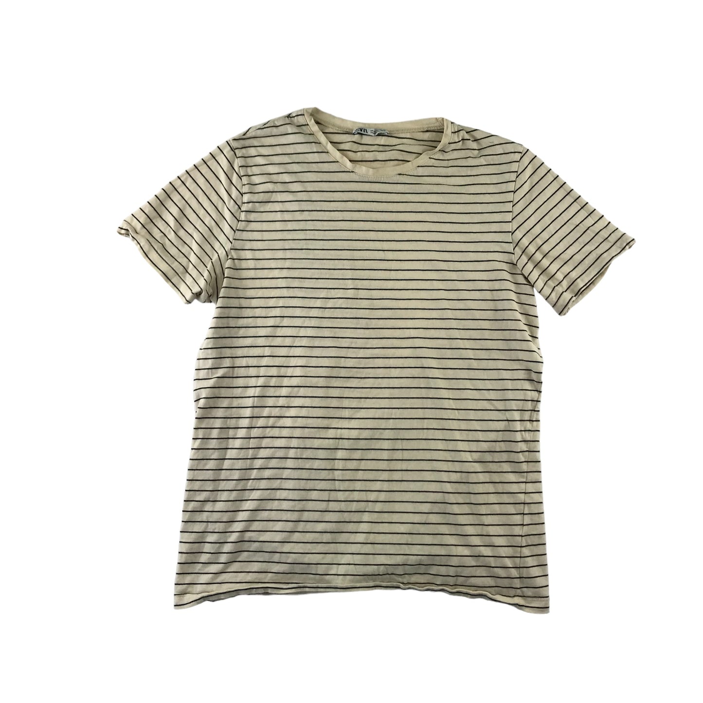 Zara T-shirt Women Size M Cream white and Black Stripy Cotton