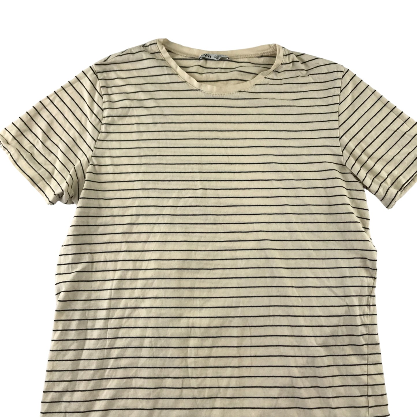 Zara T-shirt Women Size M Cream white and Black Stripy Cotton