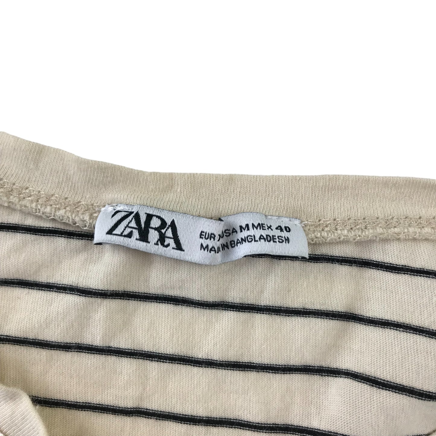 Zara T-shirt Women Size M Cream white and Black Stripy Cotton