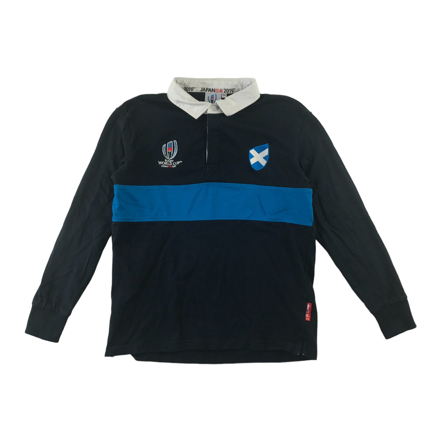 Rugby World Cup Japan 2019 Sports Top Age 11 Navy with White Collar and Blue Strip Across Chest Cotton