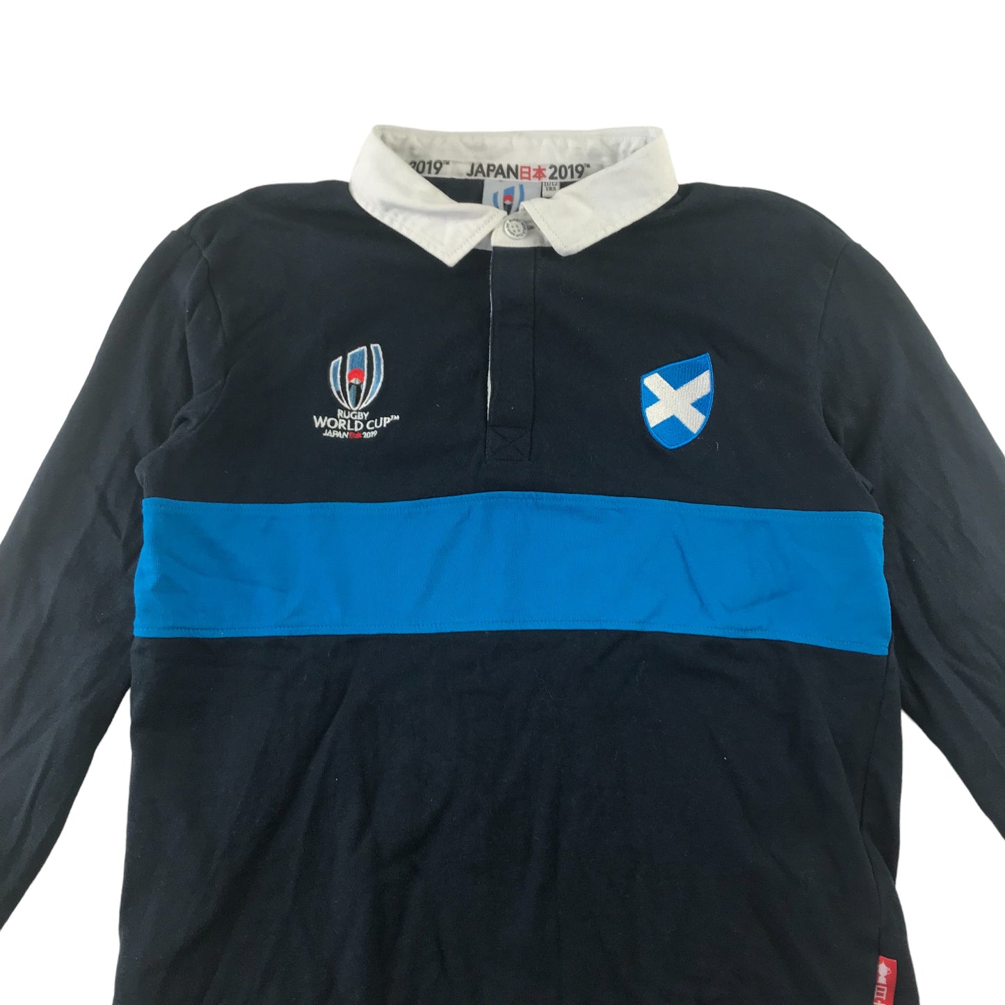 Rugby World Cup Japan 2019 Sports Top Age 11 Navy with White Collar and Blue Strip Across Chest Cotton