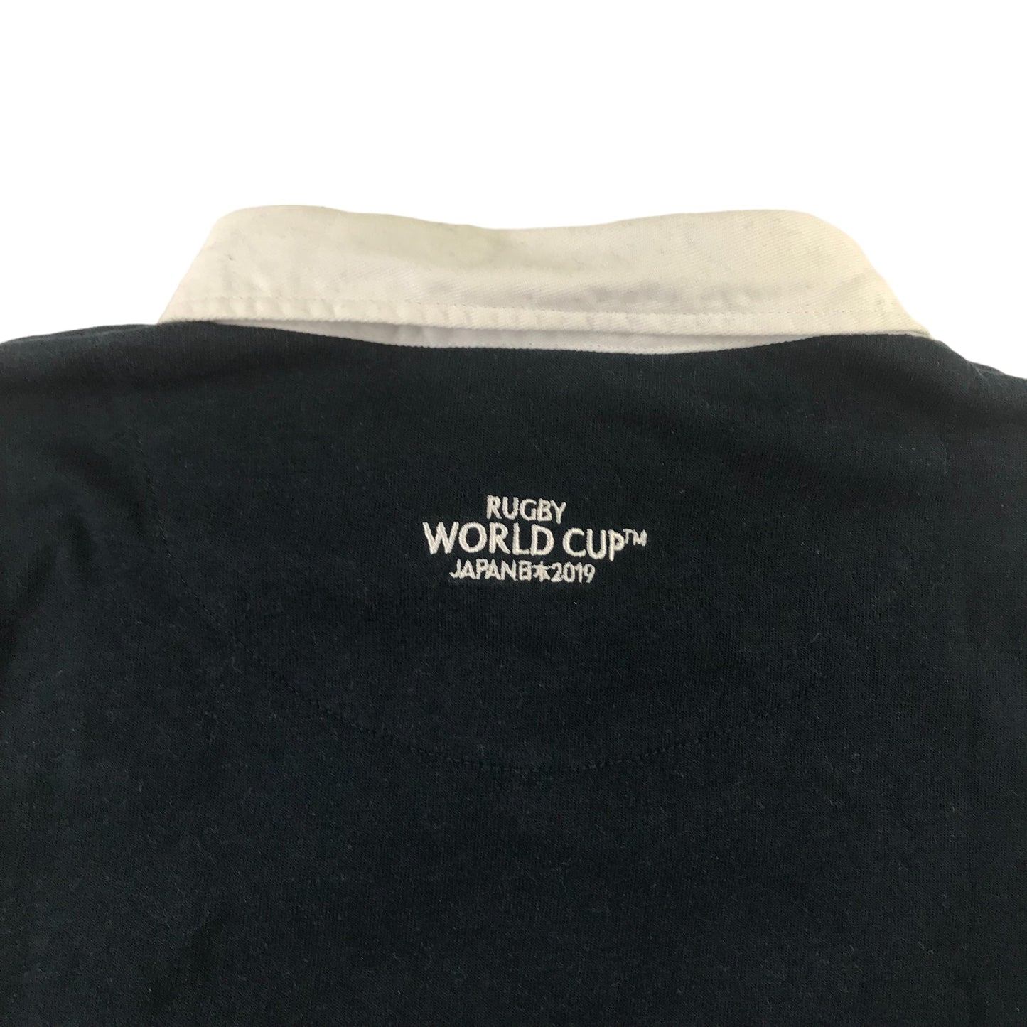 Rugby World Cup Japan 2019 Sports Top Age 11 Navy with White Collar and Blue Strip Across Chest Cotton