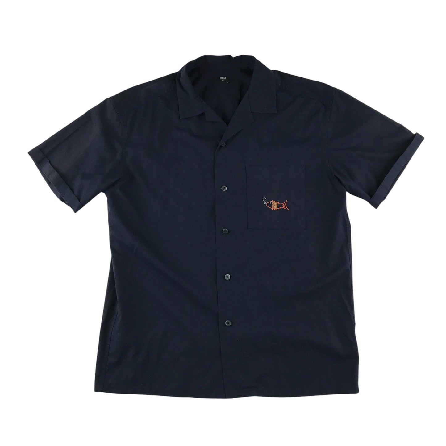 Uniqlo shirt men's XS navy plain button up short sleeve with embroidered fish