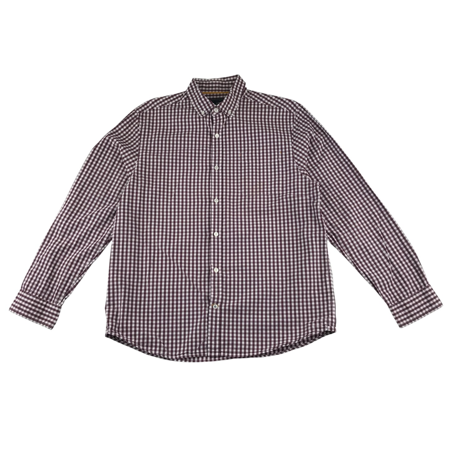 John Lewis shirt men's L burgundy and white checked button up long sleeve cotton