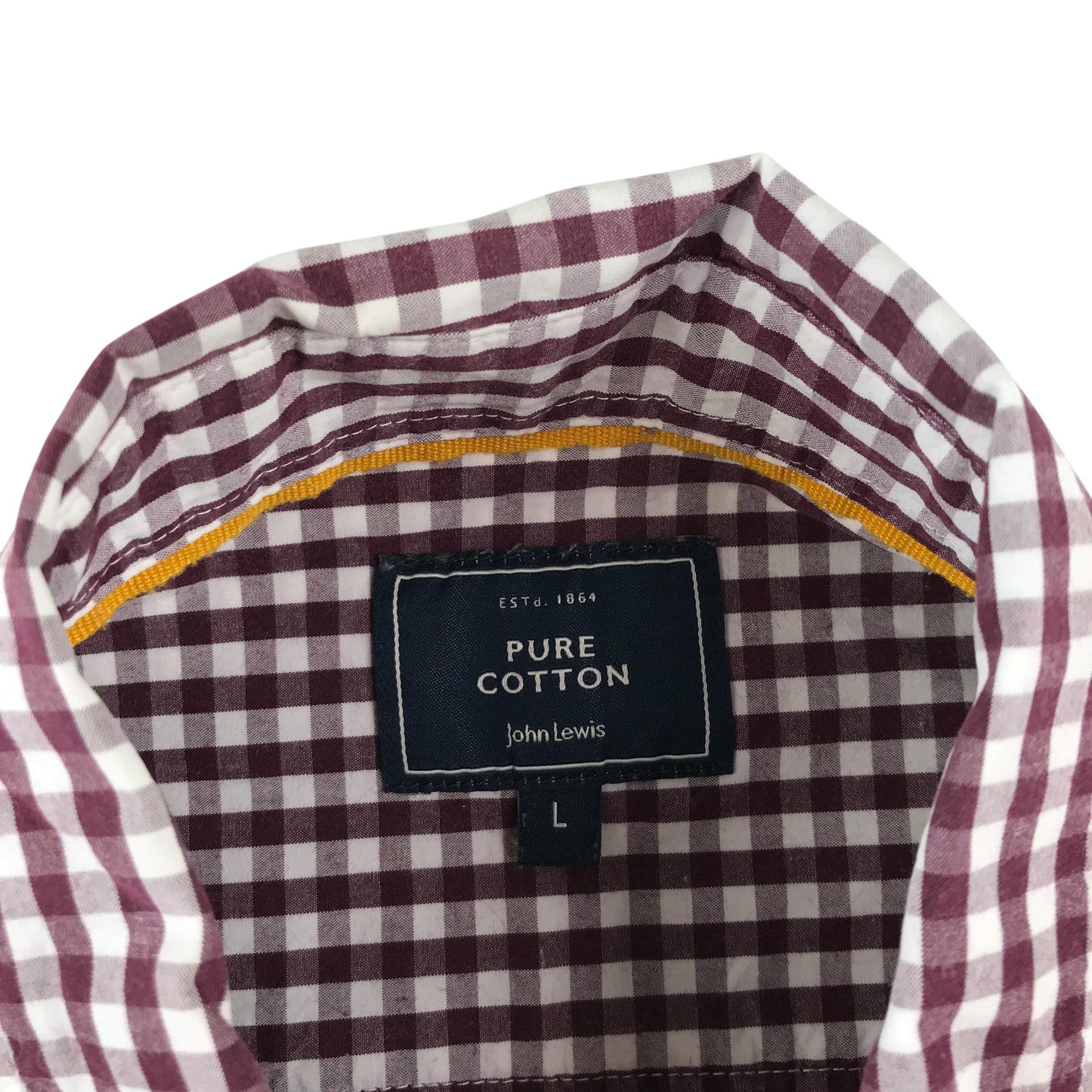 John Lewis shirt men's L burgundy and white checked button up long sleeve cotton