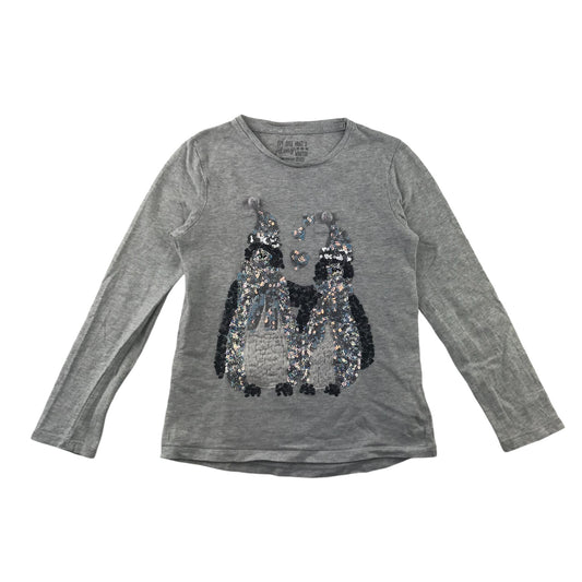F&F Festive T-Shirt 7-8 Years Grey Penguin Sequin Graphic Cotton