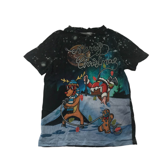 F&F Festive T-Shirt 10-11 Years Snow Themed Santa Rudolph and Ginger Breadman