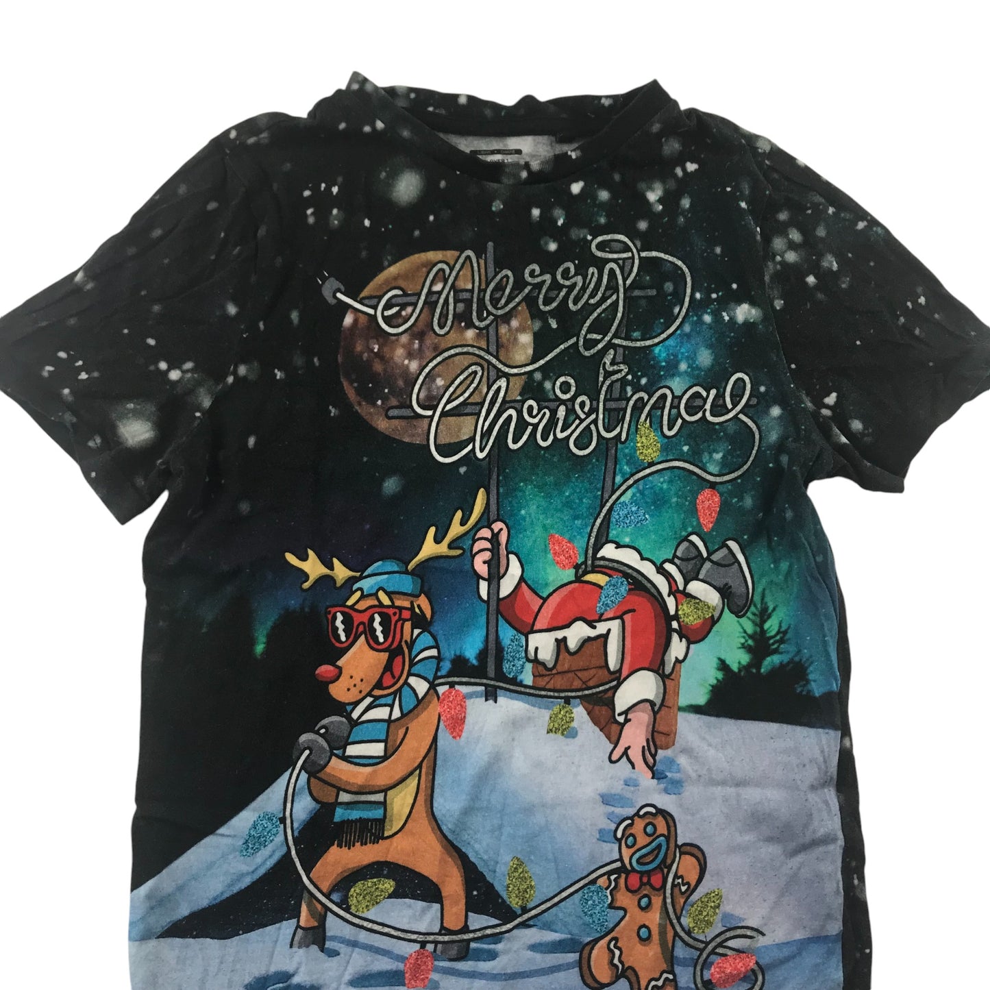 F&F Festive T-Shirt 10-11 Years Snow Themed Santa Rudolph and Ginger Breadman