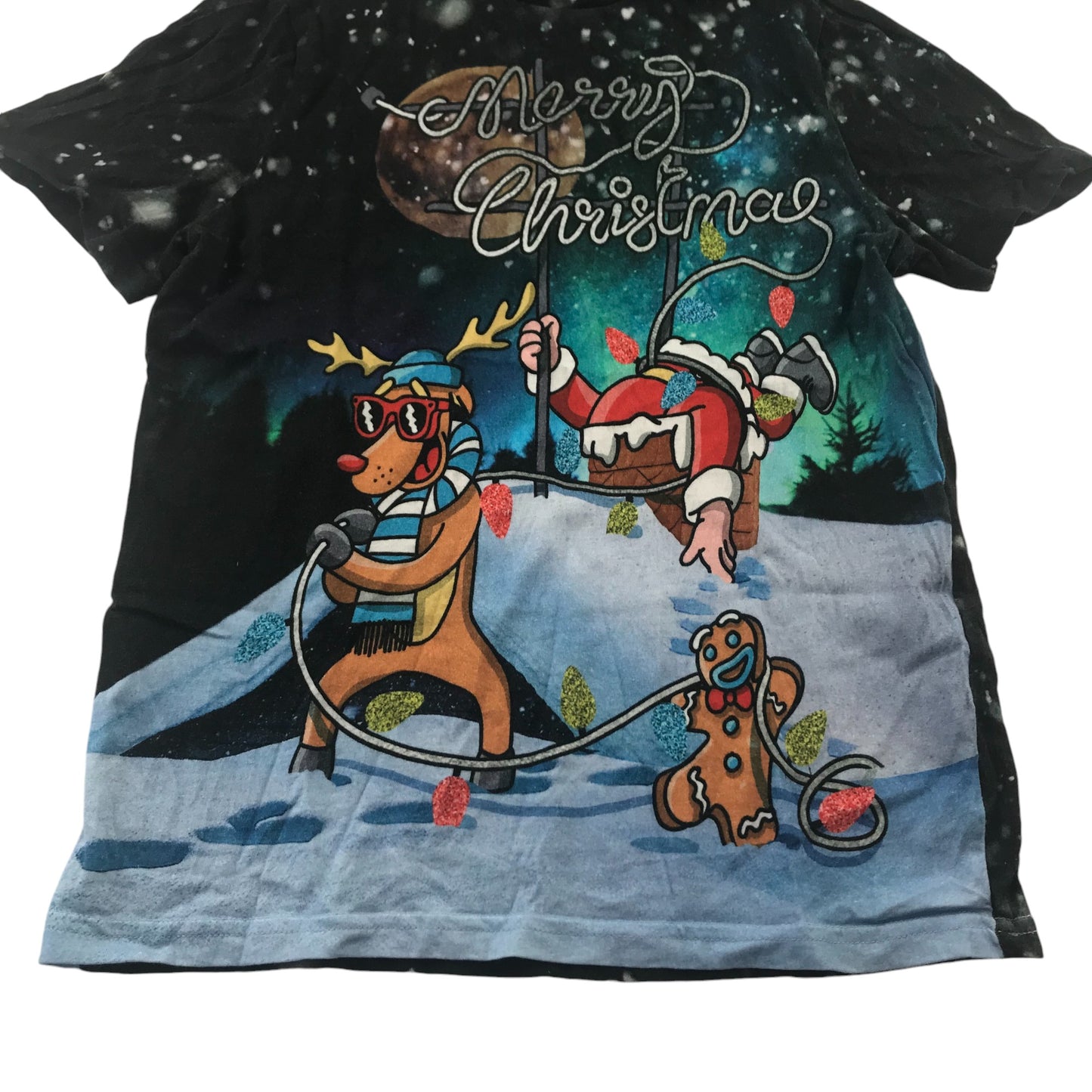 F&F Festive T-Shirt 10-11 Years Snow Themed Santa Rudolph and Ginger Breadman