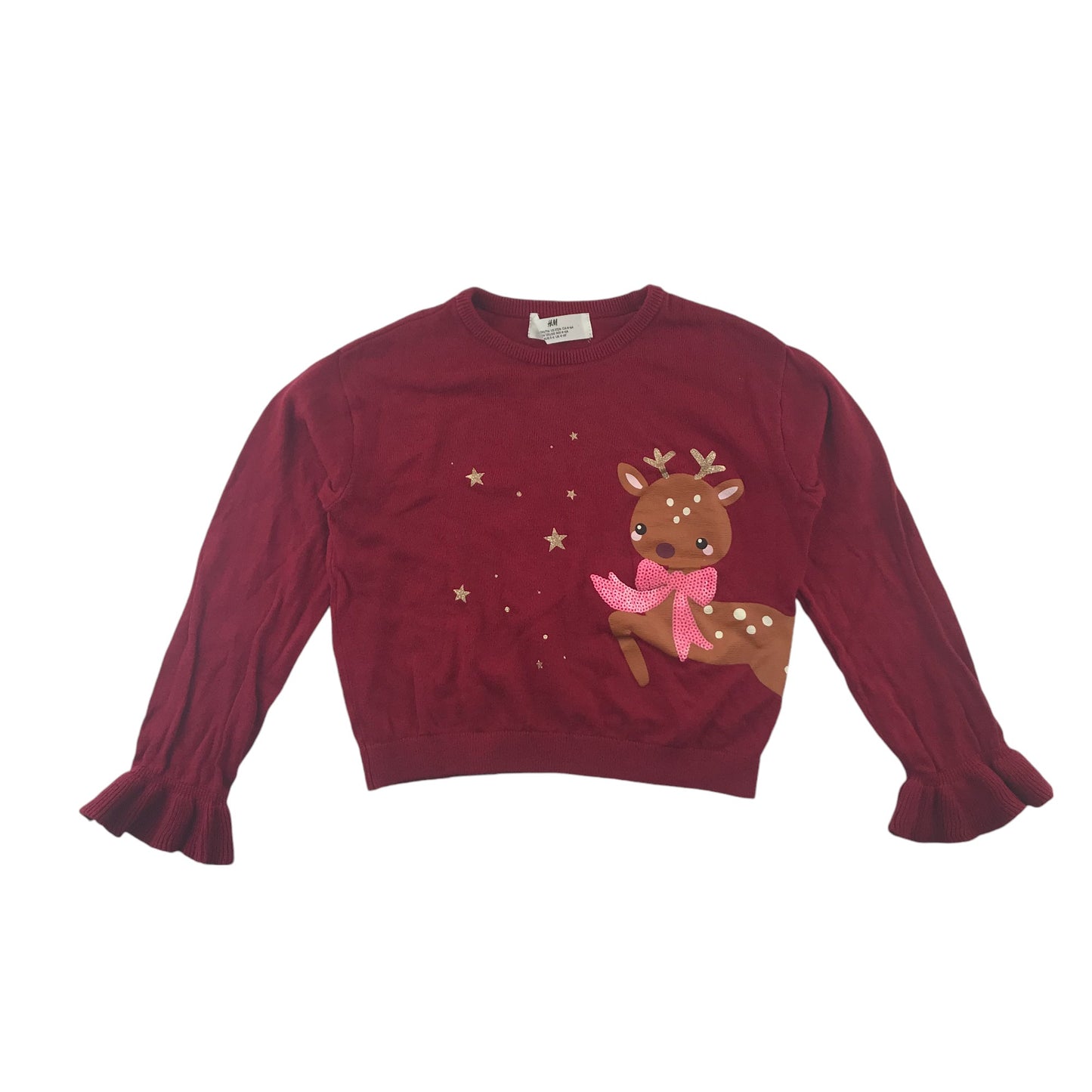H&M Festive Jumper 5-6 Years Burgundy Reindeer with Sequin Bowtie Slightly Cropped Cotton