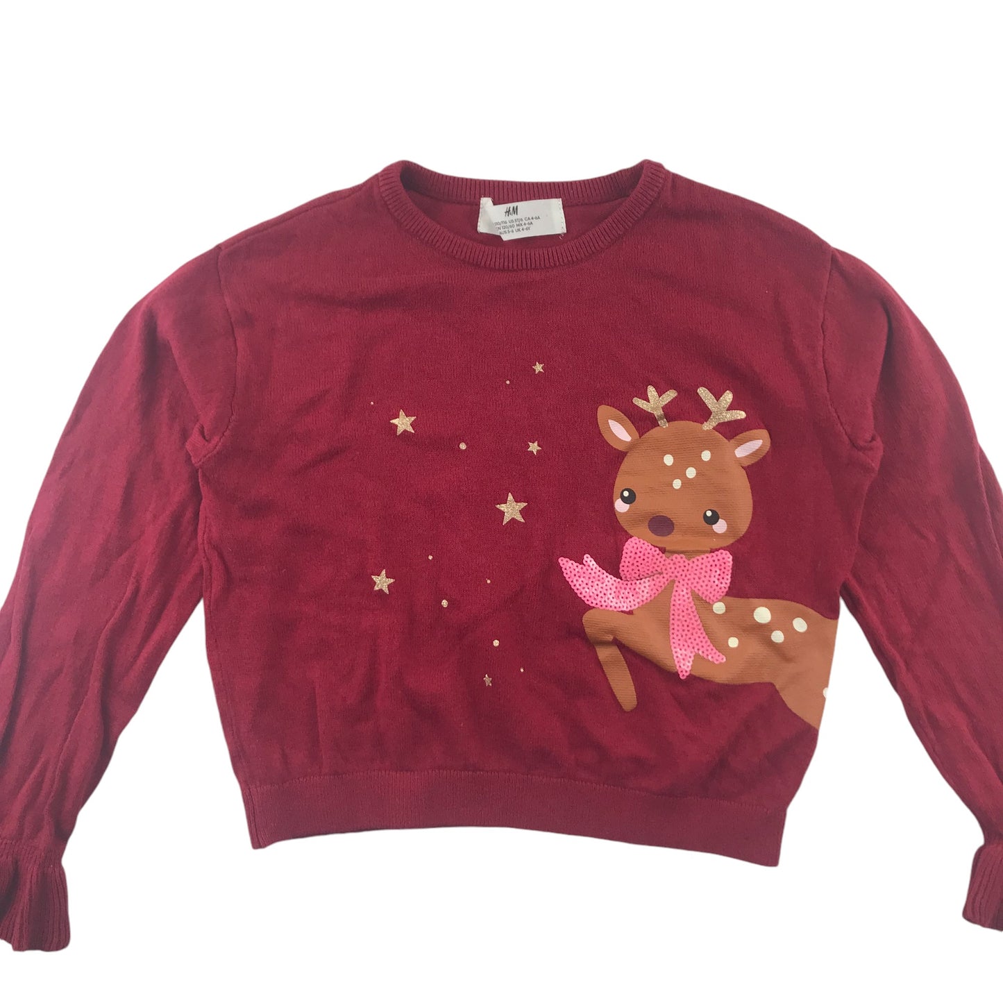 H&M Festive Jumper 5-6 Years Burgundy Reindeer with Sequin Bowtie Slightly Cropped Cotton
