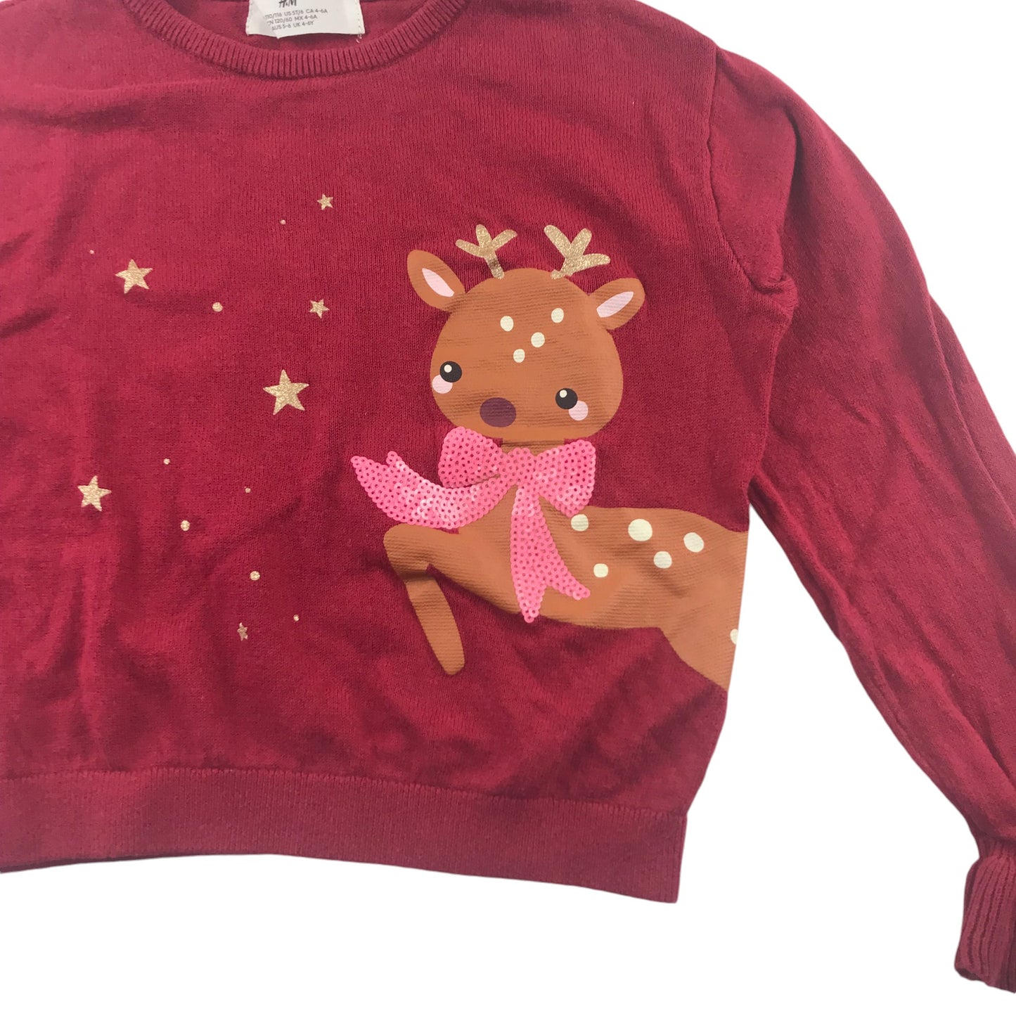 H&M Festive Jumper 5-6 Years Burgundy Reindeer with Sequin Bowtie Slightly Cropped Cotton