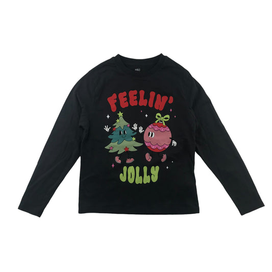 M&S Festive T-Shirt 7-8 Years Black Christmas Tree and Bauble Graphic