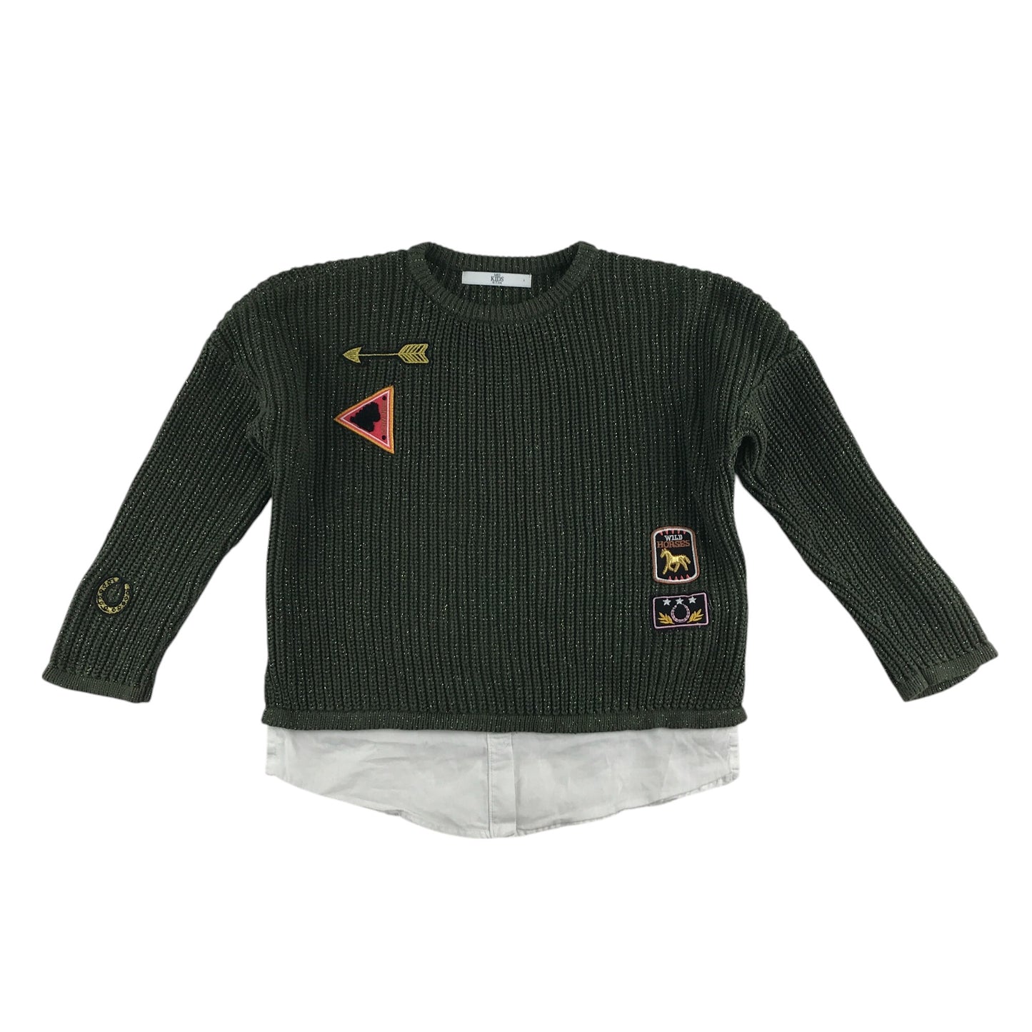 M&S sweater 6-7 years khaki crewneck with embroidered patches