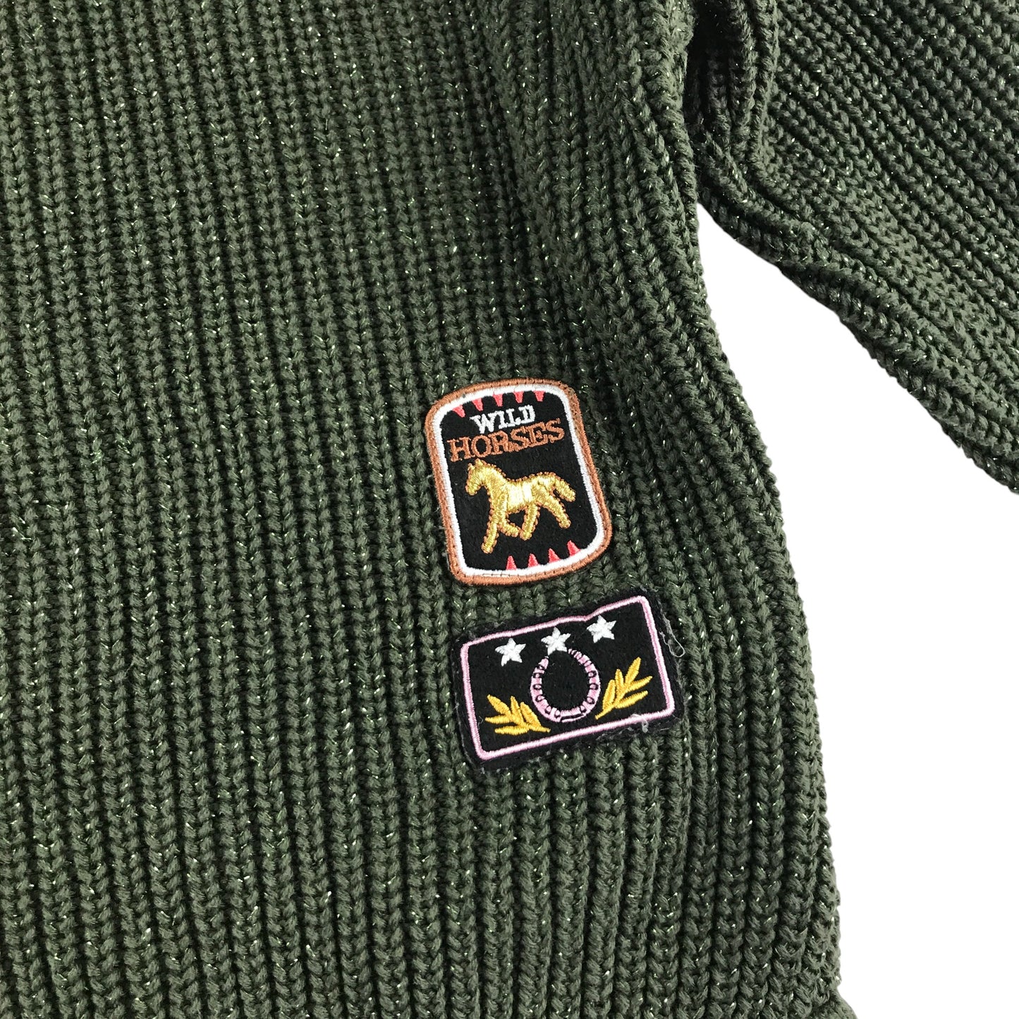 M&S sweater 6-7 years khaki crewneck with embroidered patches