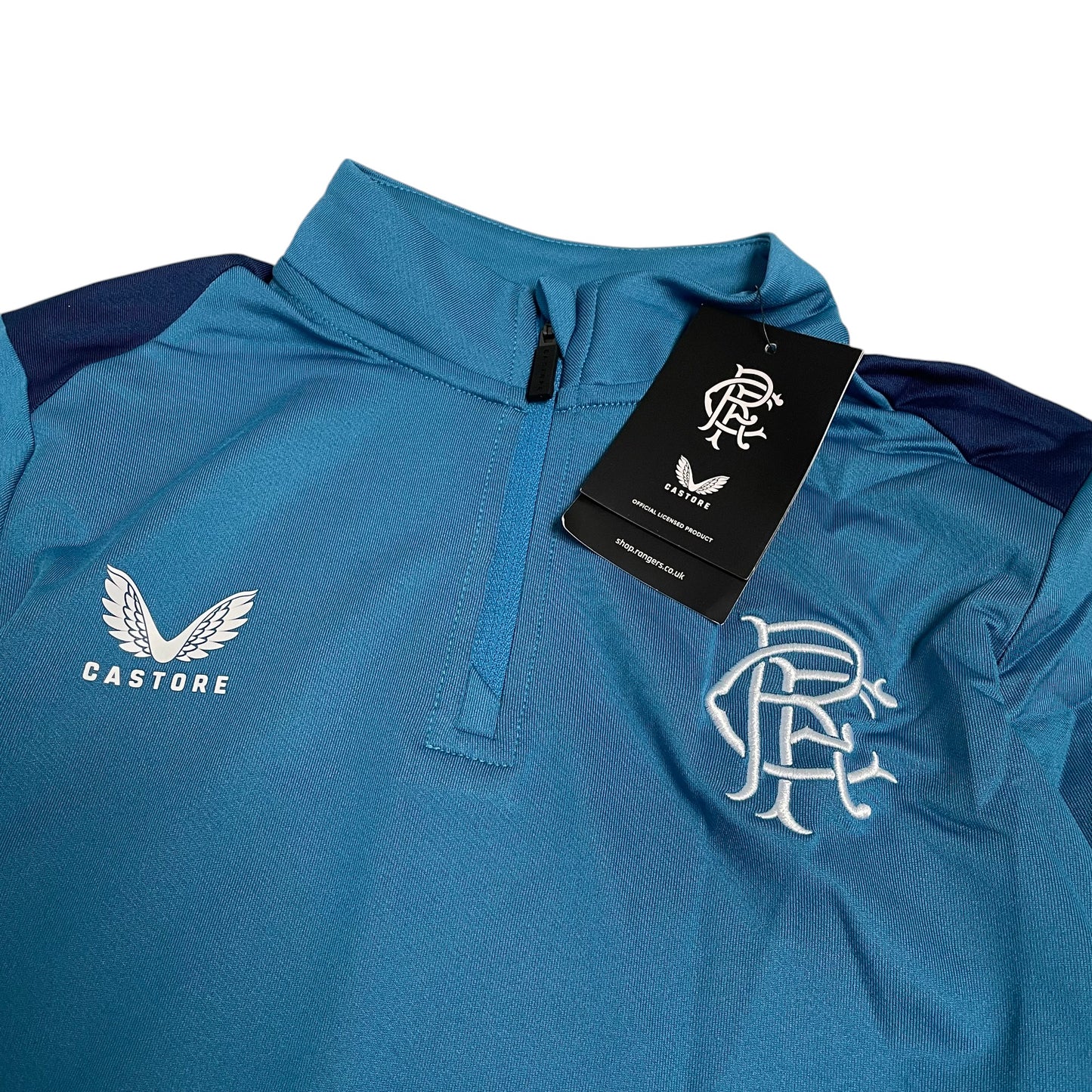 Castore Rangers FC players training sweatshirt blue and navy quarter zipper