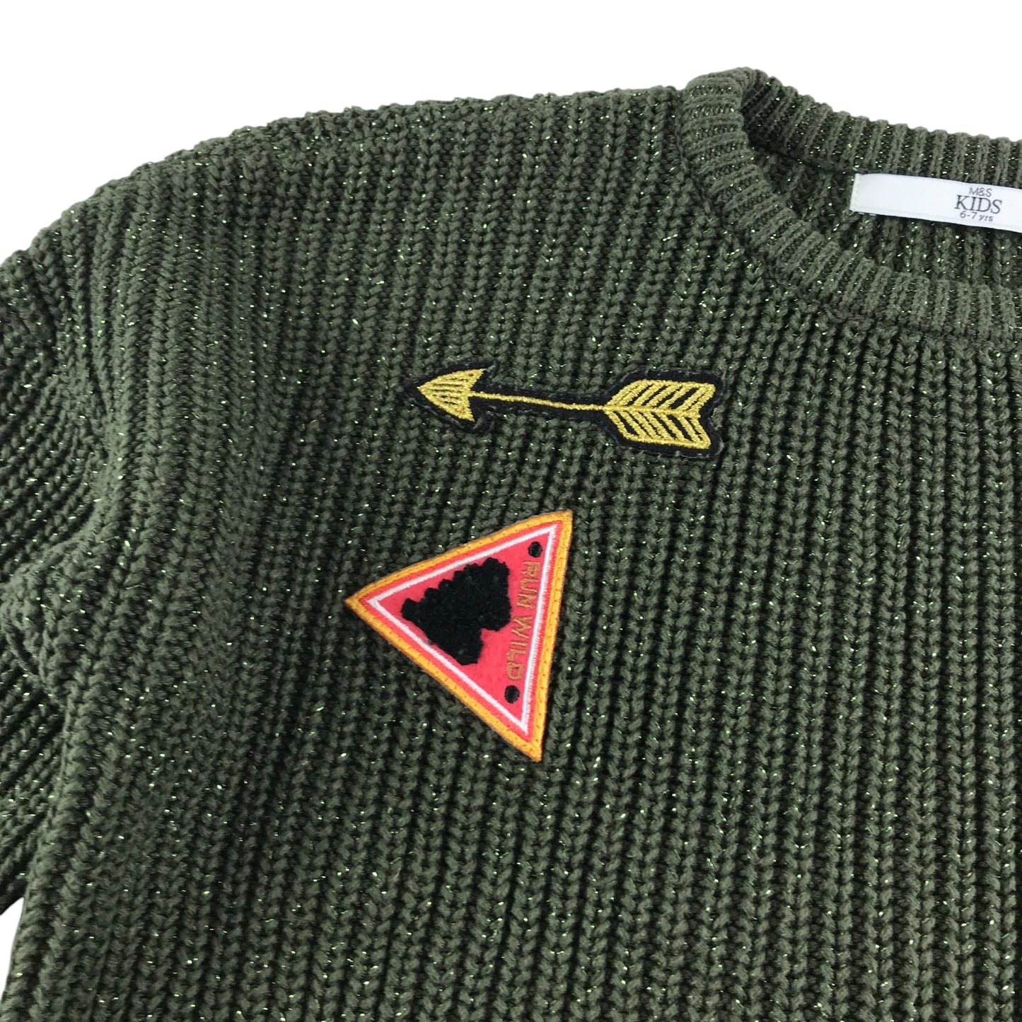 M&S sweater 6-7 years khaki crewneck with embroidered patches