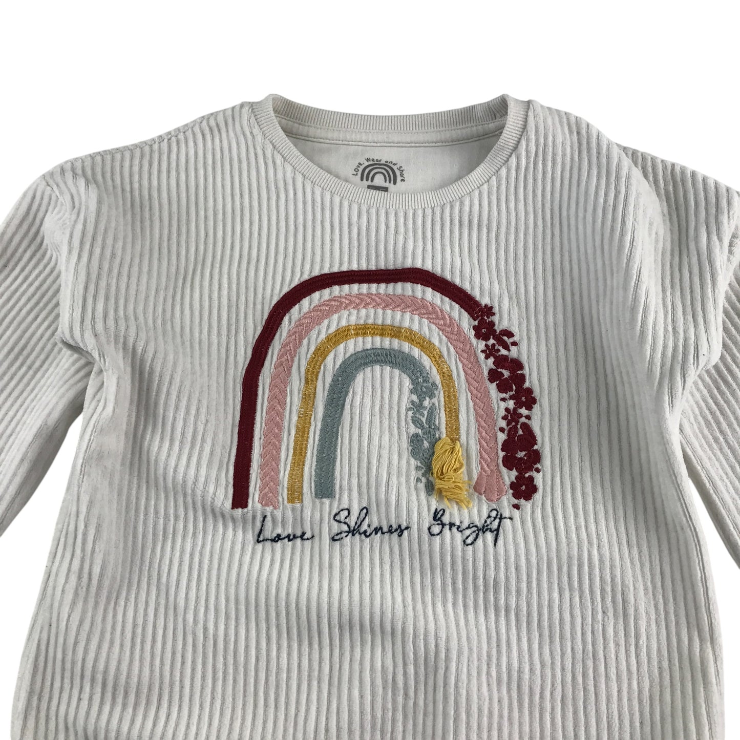F&F sweater 6-7 years white crewneck with embroidered rainbow design