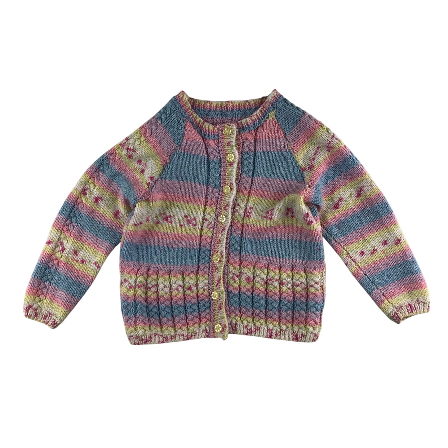 Handknitted cardigan 7-8 years yellow pink and blue stripy patterned