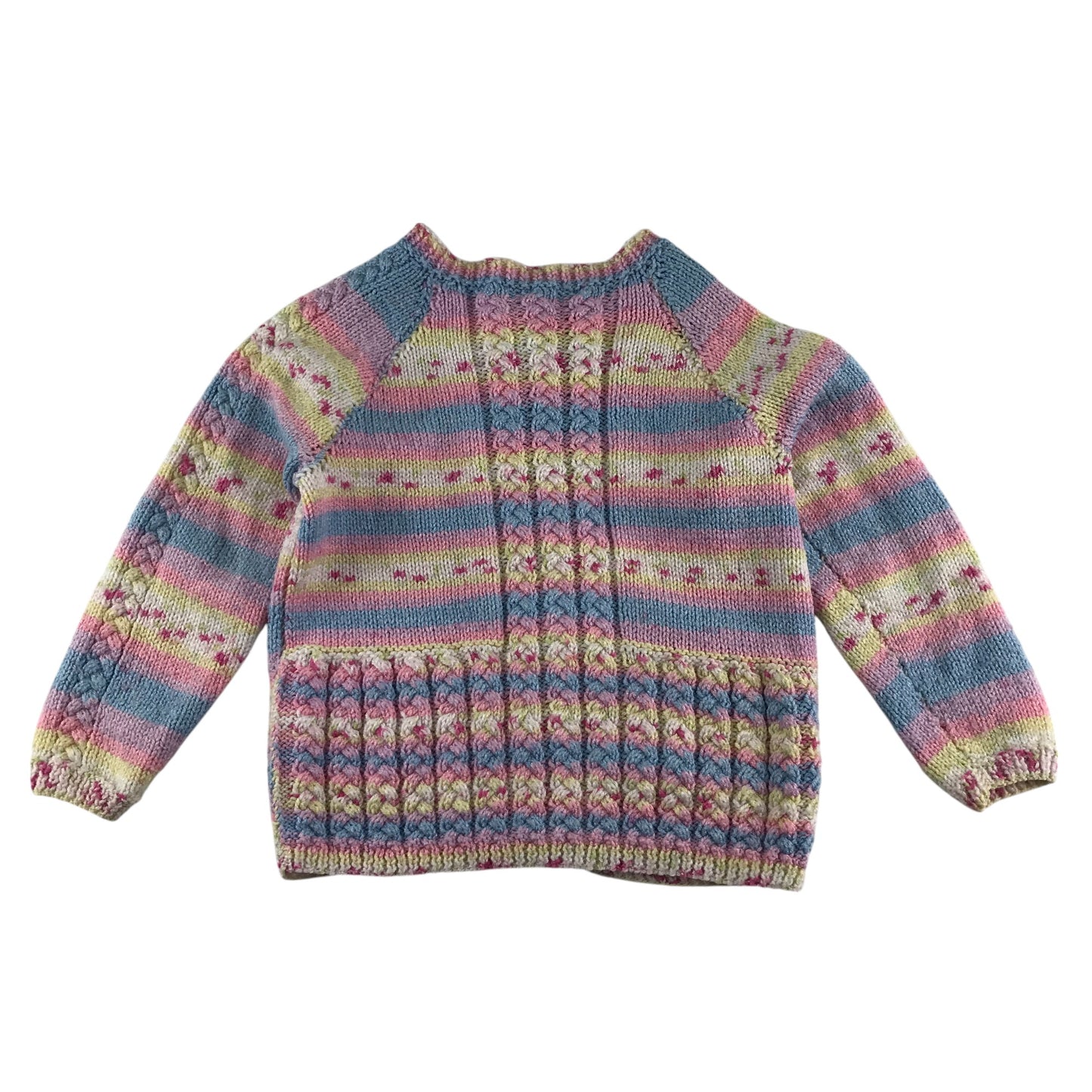 Handknitted cardigan 7-8 years yellow pink and blue stripy patterned