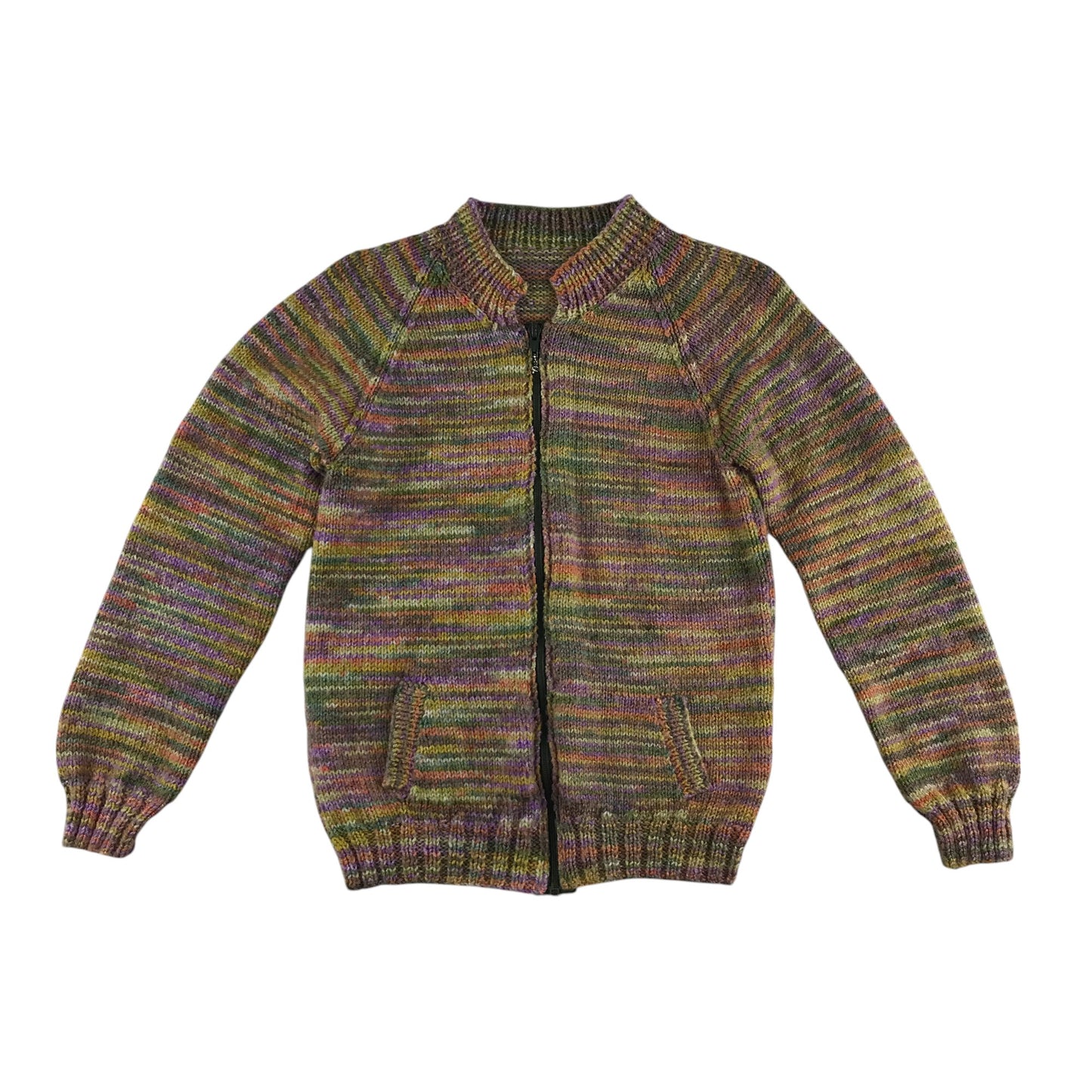 Handknitted sweater 9-10 years multicoloured stripy pattern with zipper