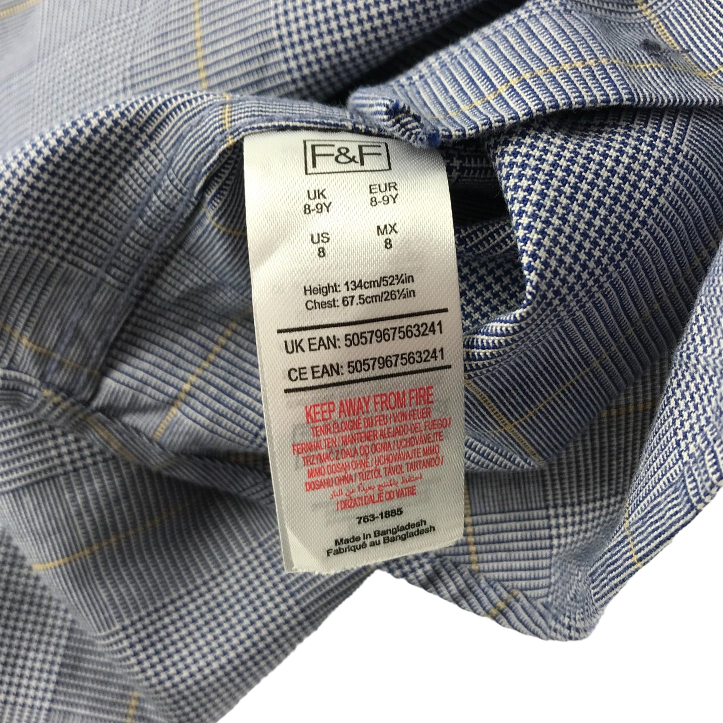 F&F Shirt Age 8 Blue Checked Long Sleeve Button Up Cotton