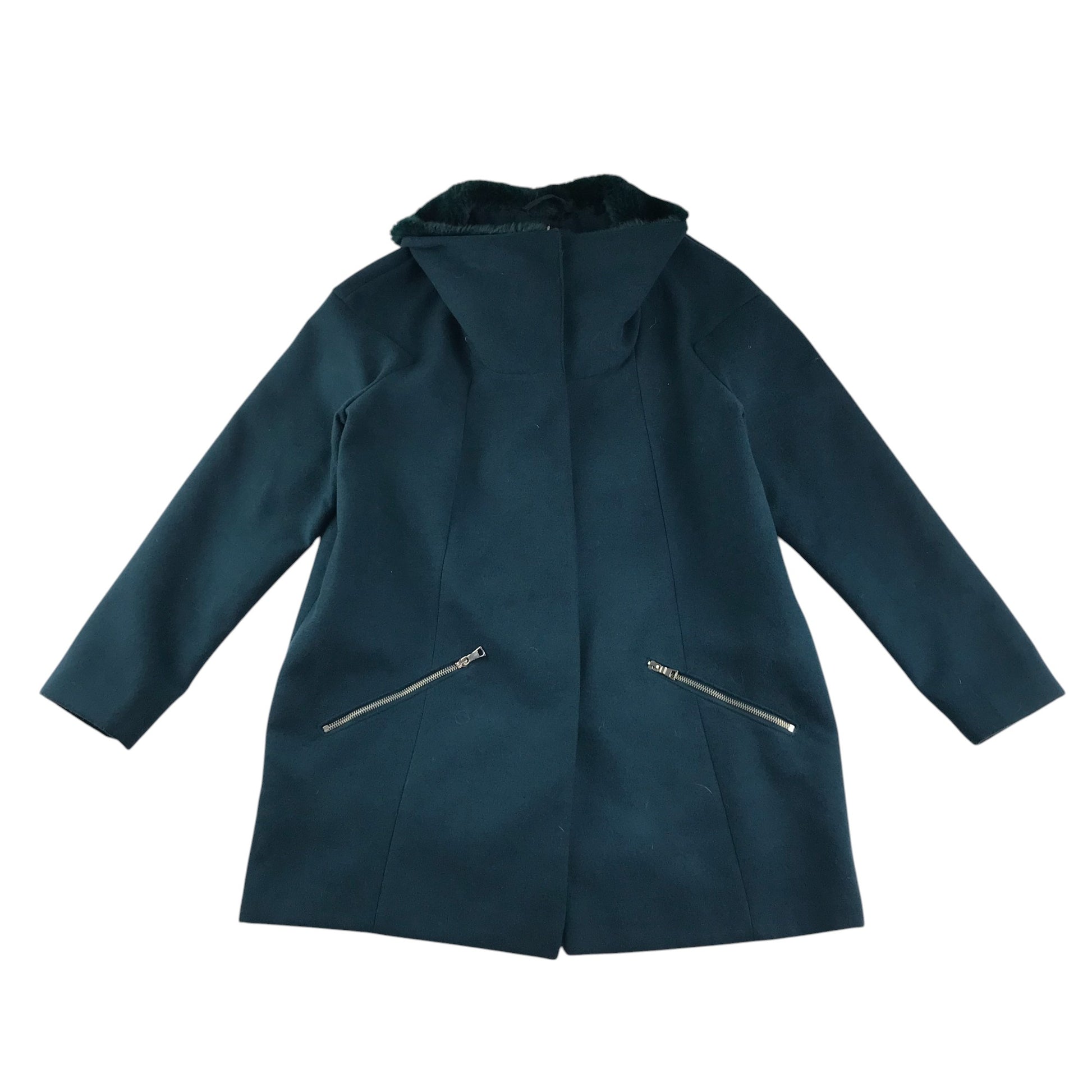 Primark coat women size 12 teal blue long jacket with zipper faux