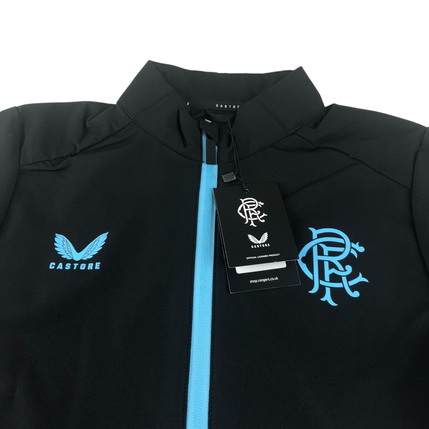 Castore Rangers FC players travel jacket women size UK 8 black and blue fill zipper windbreaker