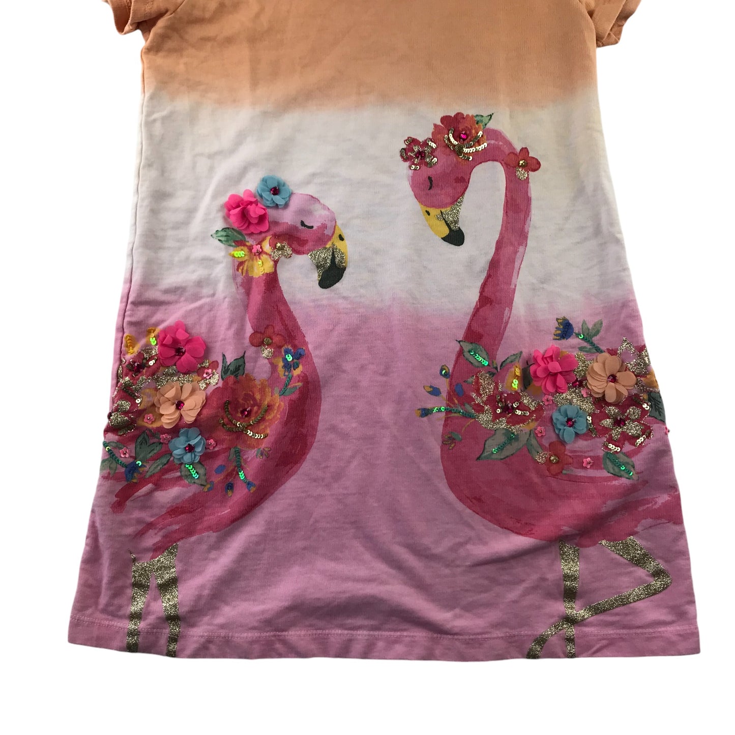 Monsoon dress 9-10 years orange and pink sequin flamingos A-line cotton jersey