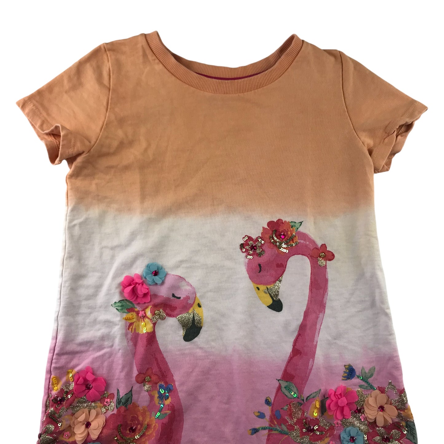 Monsoon dress 9-10 years orange and pink sequin flamingos A-line cotton jersey