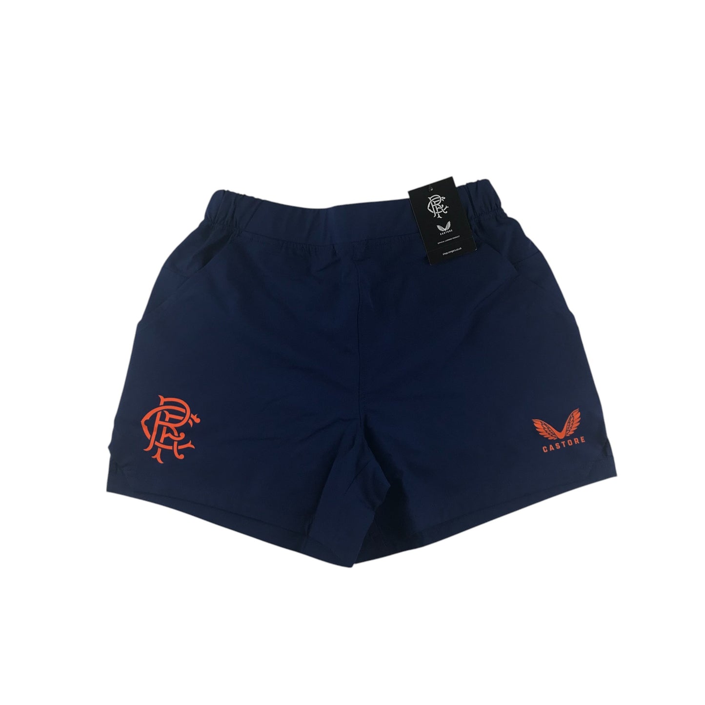 Castore Rangers FC coaches travel shorts women size UK 14 navy blue with orange logos