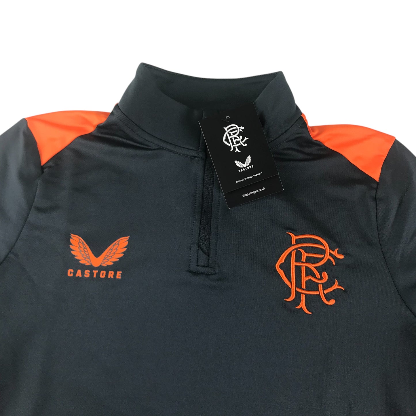 Castore Rangers FC coaches training sweatshirt women size UK 8 charcoal grey and orange quarter zipper