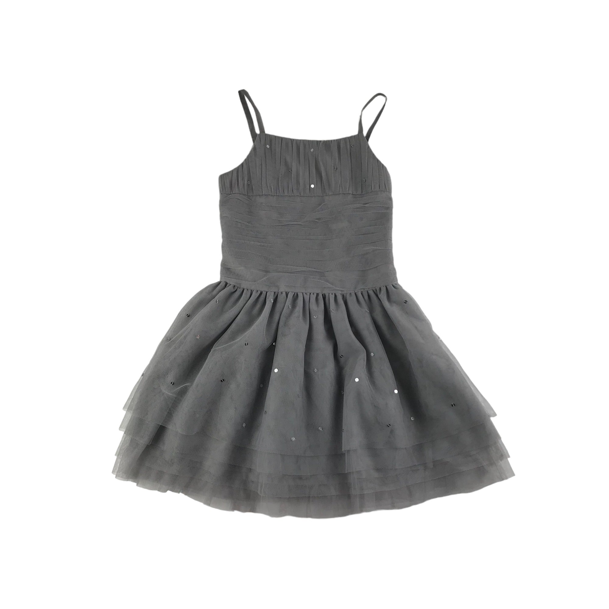 M S Dress Age 9 Grey Mesh Layered Strap Shoulders Sequins