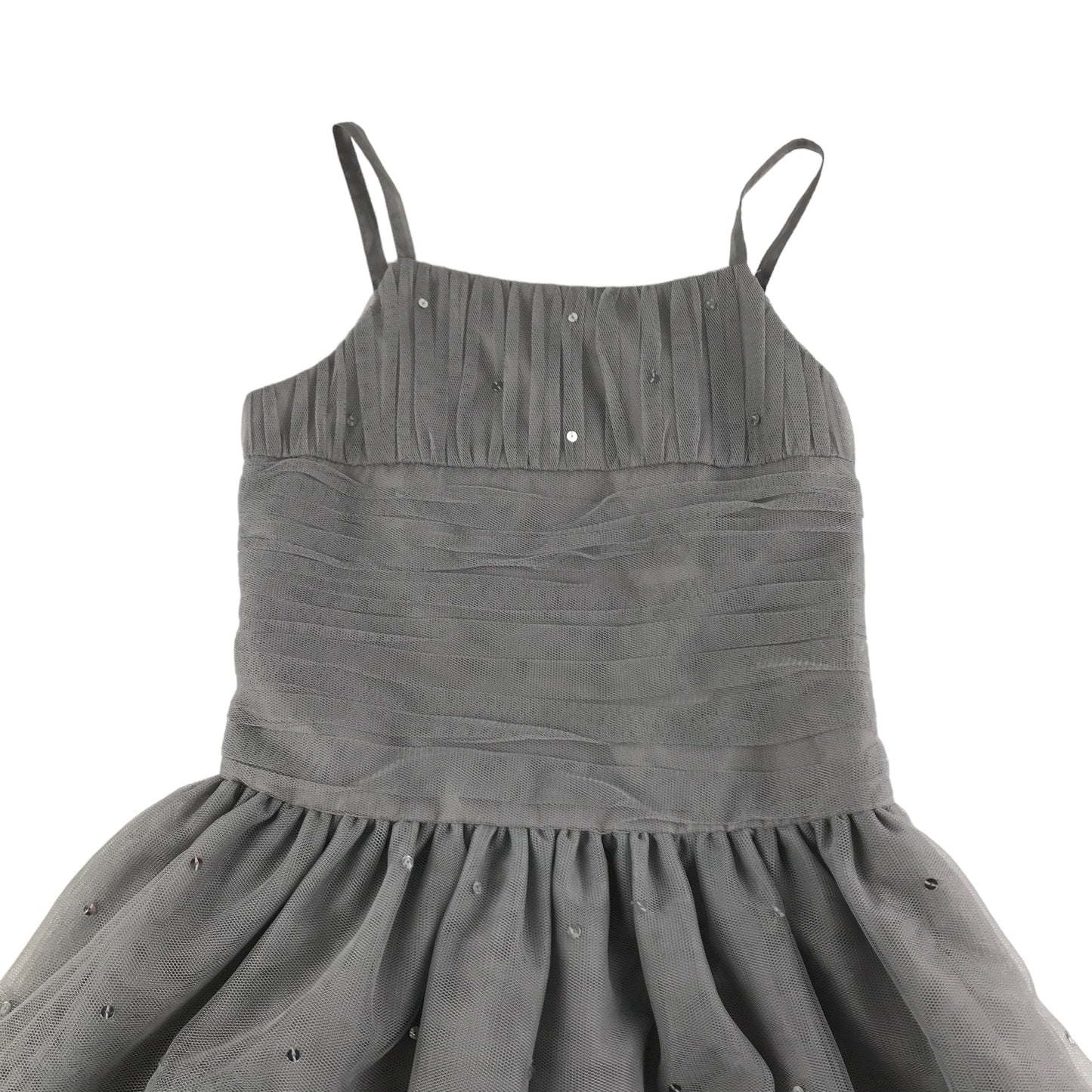 M&S Dress Age 9 Grey Mesh Layered Strap Shoulders Sequins