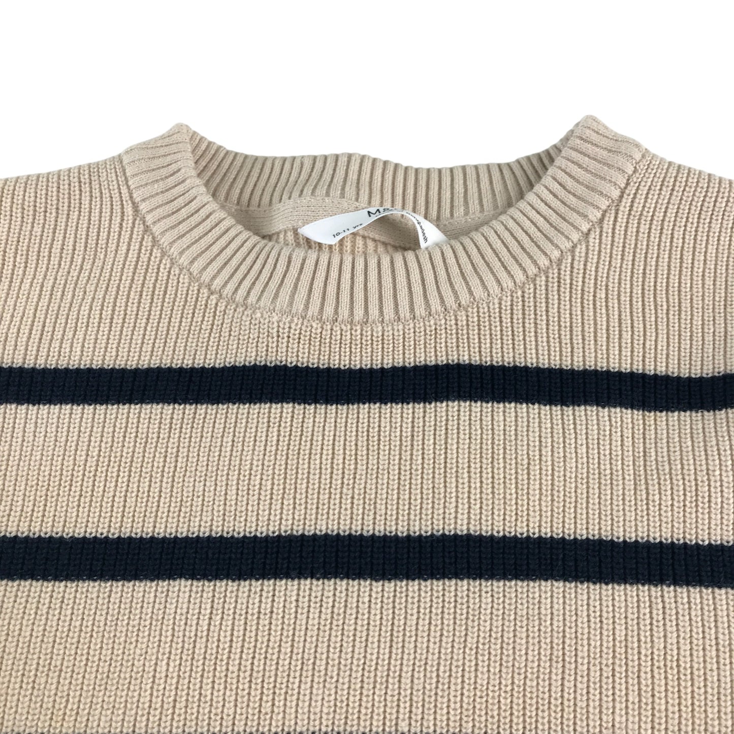 M&S jumper 10-11 years light beige with black stripes and crewneck cotton