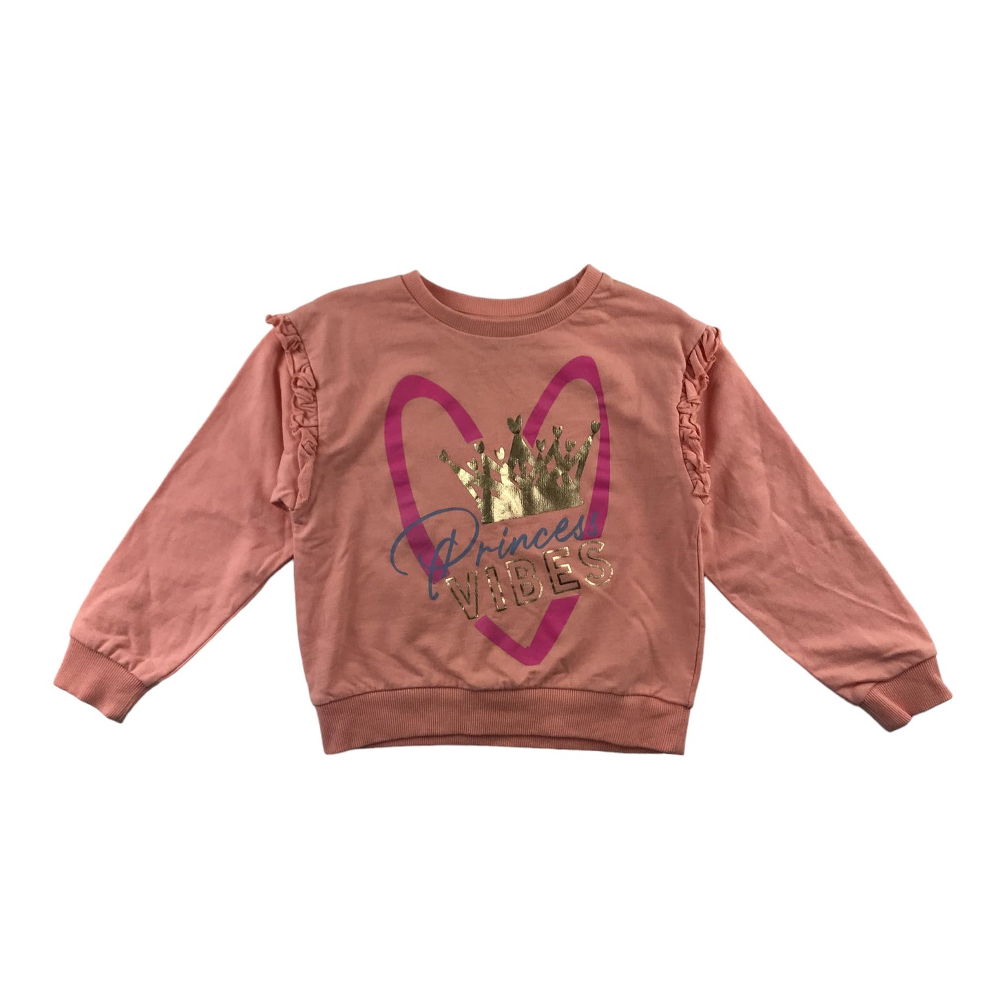 Studio Sweater Age 5 Peachy Pink Text Graphic Frilled Arms Cotton