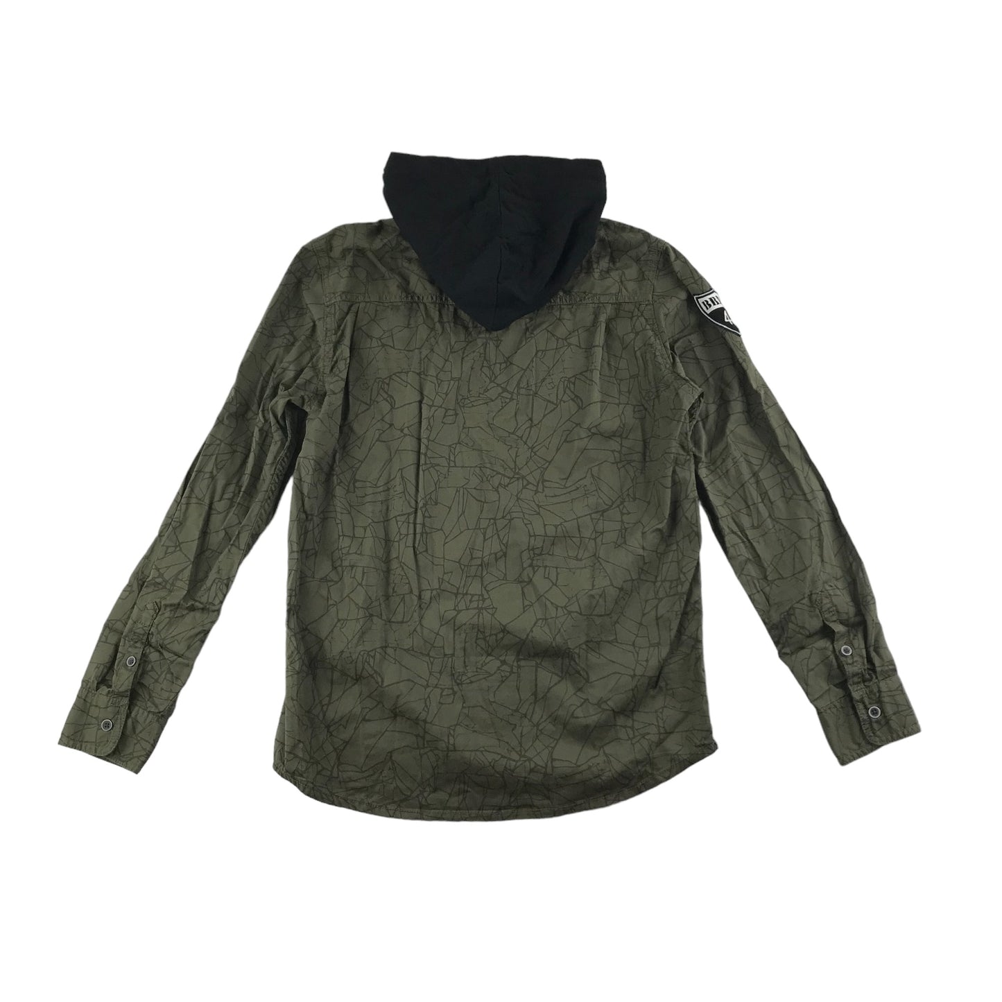 H&M Shirt Age 13 Khaki Green Pattern Hooded Sturdy Button Up