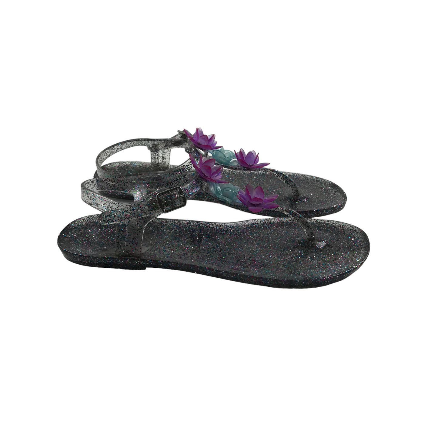 Silver Glitter Jelly Flower Sandals Shoe Size 4